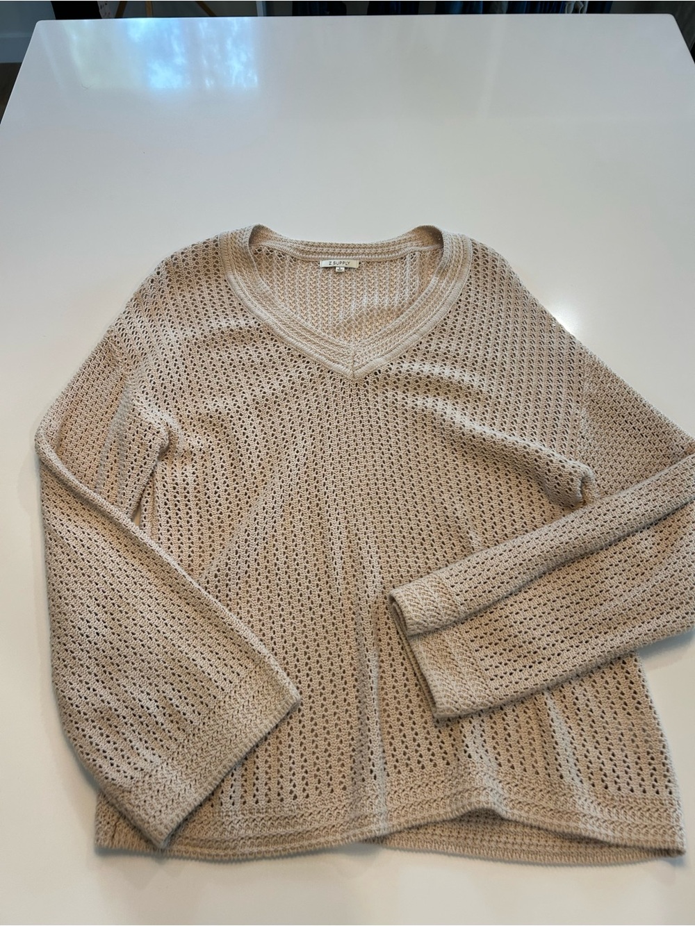Open-Knit V-Neck Sweater in Light Beige - Unbranded